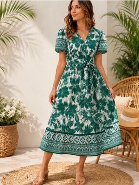 fig and flower Green Floral Wrap Midi Dress with Puff Sleeves